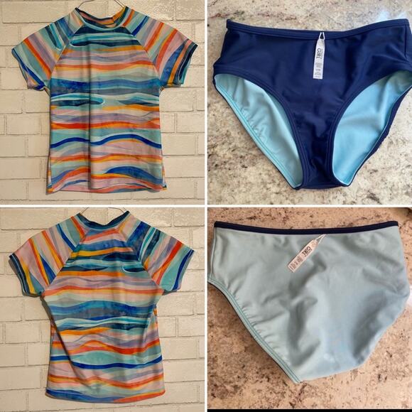 Athleta Girl 2pc Reversible Swim Bikini Bottom (12) & Rash Guard (14) EUC - Picture 1 of 16
